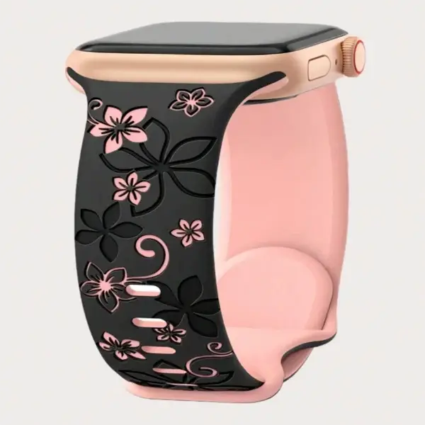 Bracelet Diora gravé pour Apple Watch en silicone floral bicolore – compatible Series 1 à Ultra 2 (38 à 49 mm)