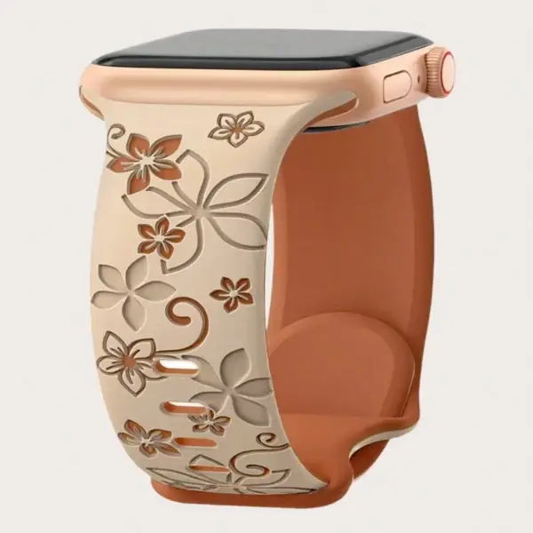 Bracelet Apple Watch floral gravé en silicone brun cappuccino – modèle Sira, compatible Series 1 à Ultra 2 (38 à 49 mm)