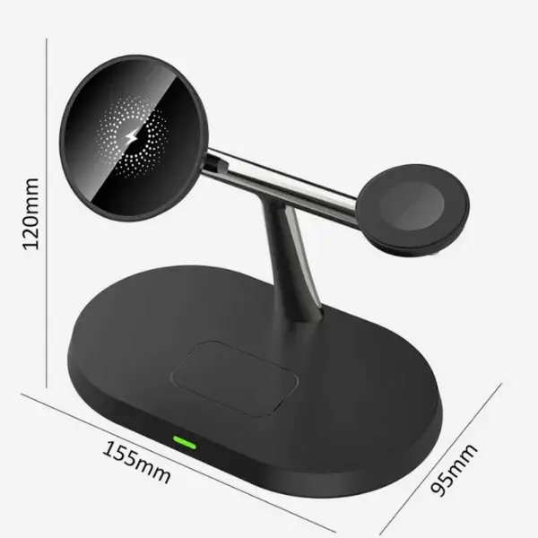 Station de charge sans fil 3-en-1 noire compatible MagSafe pour iPhone 15 à 12, Apple Watch et AirPods Pro