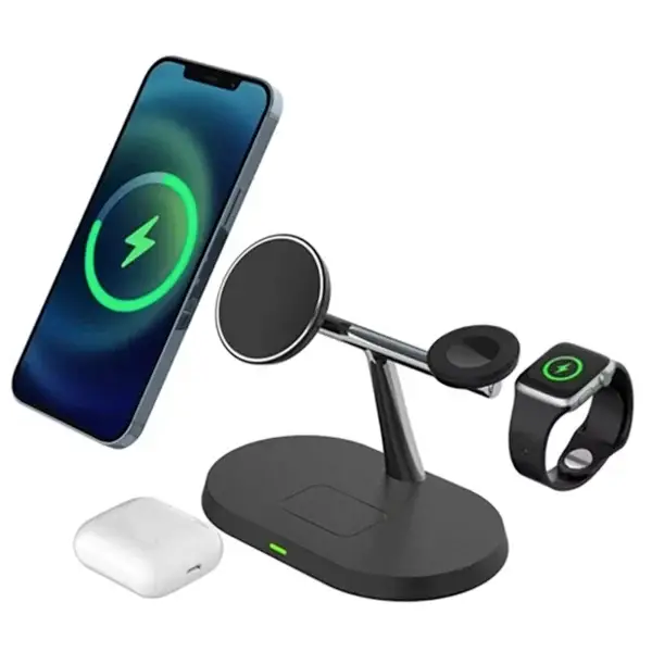 Station de charge sans fil 3-en-1 noire compatible MagSafe pour iPhone 15 à 12, Apple Watch et AirPods Pro